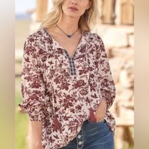 Sundance Loise Toile Burgundy Cream Bird Floral Print Boho Peasant Blouse Top M